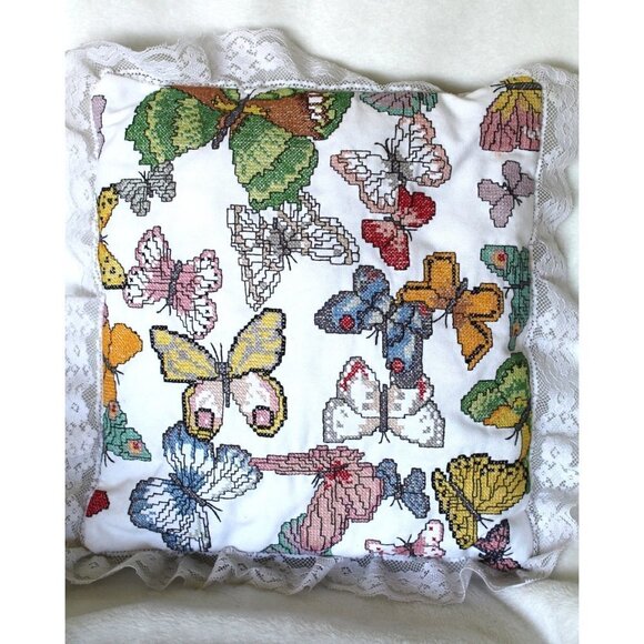 Handmade Butterflies Needlepoint Pillow cross stitch Multicolor Lace edges - Picture 1 of 12
